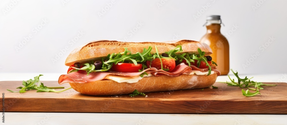 Aufkleber a copy space image featuring a wooden board with a baguette toast adorned with arugula mortadella ha