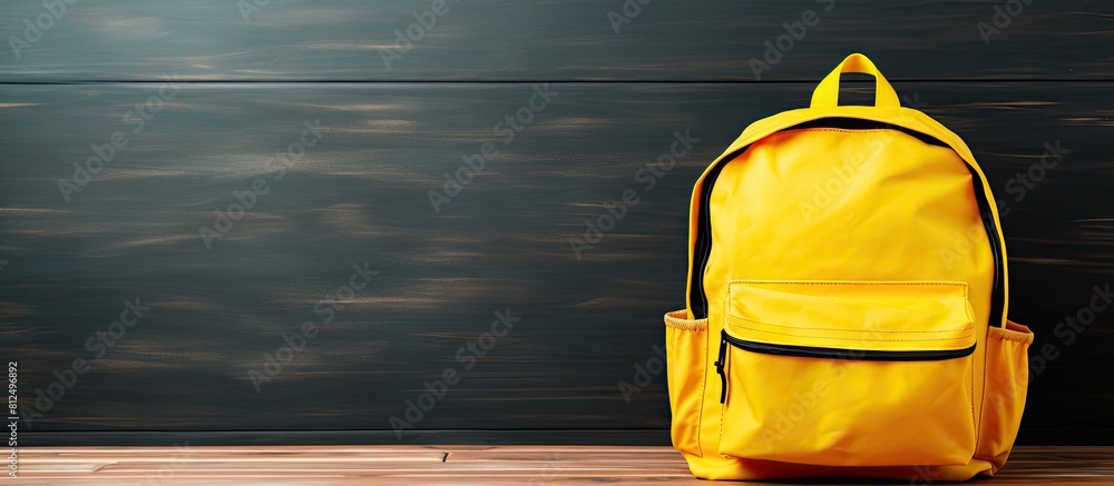 Leinwandbilder copy space image of a yellow backpack filled with school supplies placed on a wooden table providing