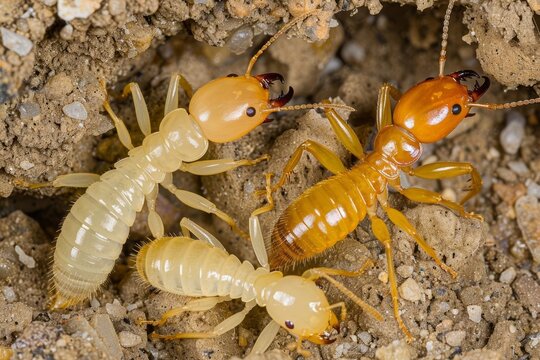 Describe the intricate world of a termite burrow, focusing on a closeup shot of a termite and queen termite, highlighting their role in the colony