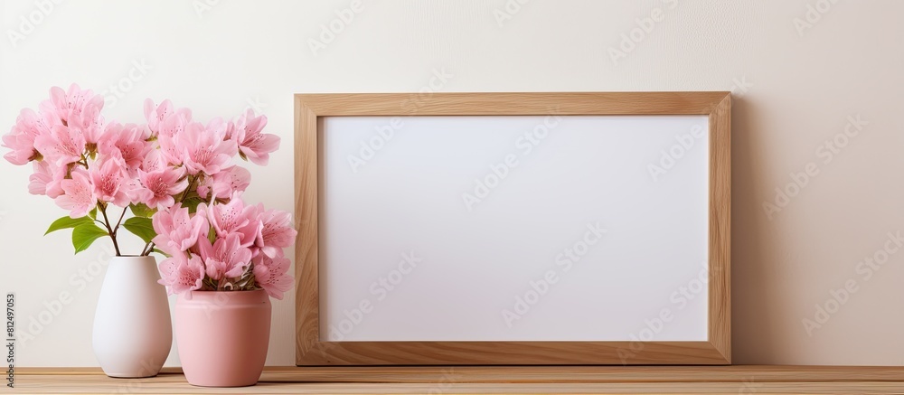 Poster a copy space image of a photo frame with pink flowers on a wooden shelf