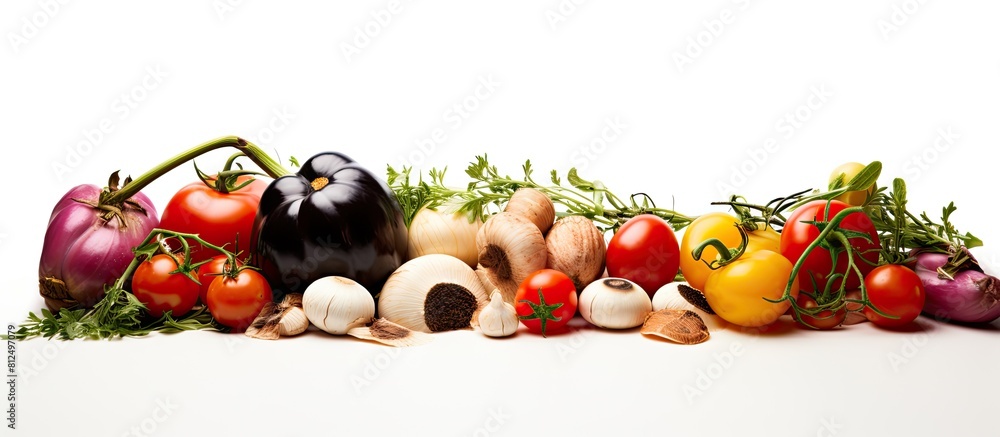 Poster a copy space image of fresh tomatoes olives garlic and hard cheese placed on a white background