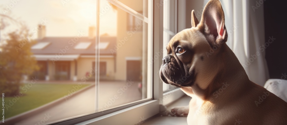Poster image of a french bulldog eagerly gazing out the window patiently awaiting the arrival of its owner.