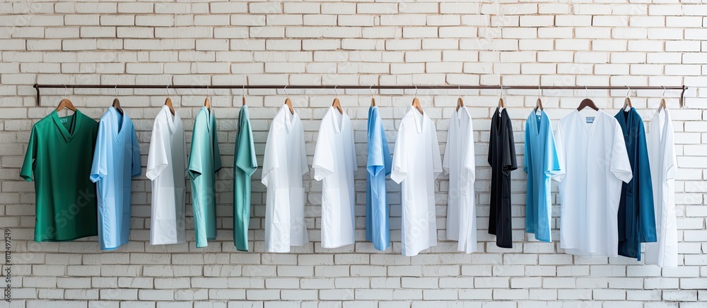 Poster copy space image of medical uniforms hanging on a rack against a backdrop of a white brick wall