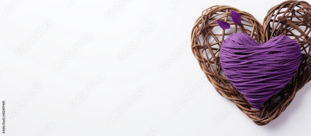 Aufkleber above the flat lay image there is a purple heart shaped rattan placed in isolation on a white backgr