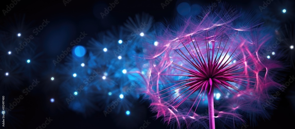 Poster abstract copy space image of a large dandelion illuminated by neon pink and blue lights set against 
