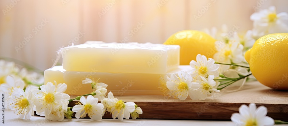 Poster copy space image of a light background showcasing a refreshing homemade soap infused with the deligh