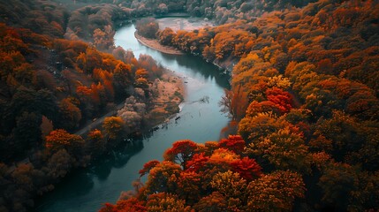 A picturesque autumn landscape with fiery foliage ablaze, framing a peaceful river winding its way...