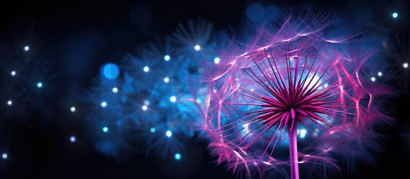 Abstract copy space image of a large dandelion illuminated by neon pink and blue lights set against a dark background Suitable for graphic designs and desktop wallpapers featuring plants