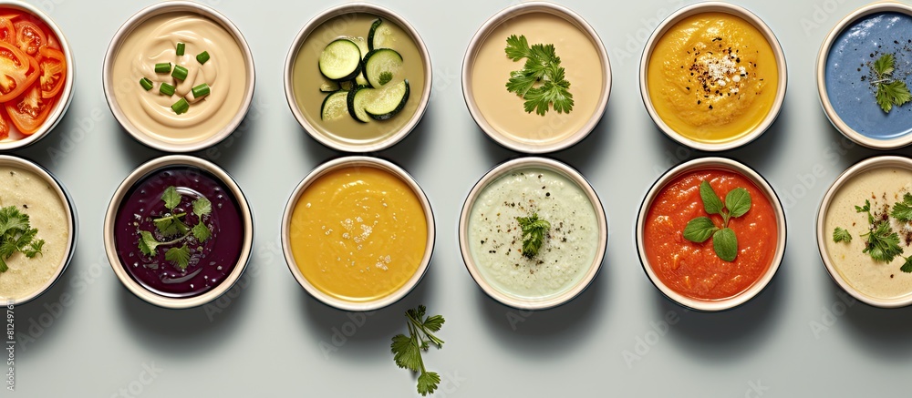 Poster Copy space image of a panoramic top view displaying a range of creamy vegetable soups served in small pots symbolizing healthy eating and vegetarian cuisine
