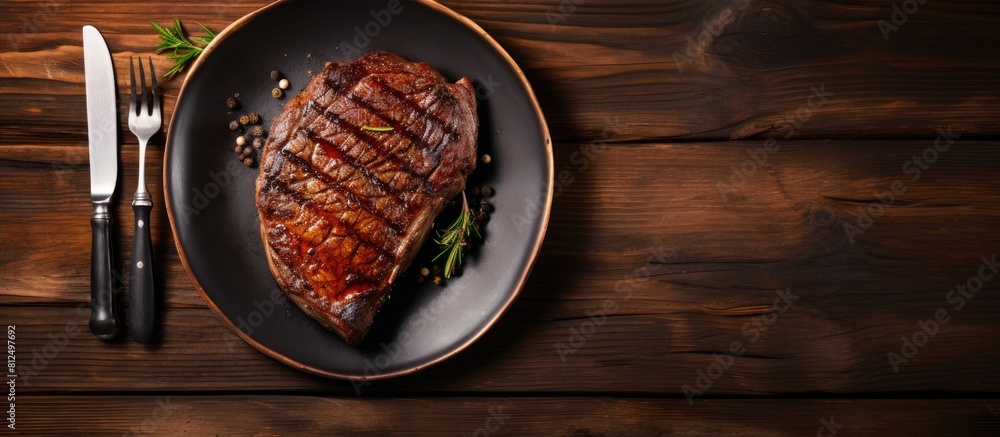 Poster a copy space image of a perfectly grilled steak resting on a plate accompanied by cutlery on a rusti