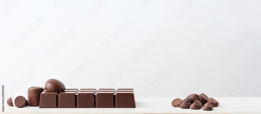 Poster a copy space image of chocolate on a pristine white wooden table