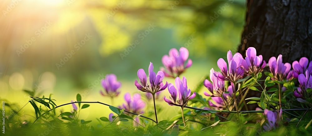 Poster Copy space image of Purple Crown Vetch illuminated by the vibrant morning sunlight in an Ohio park against a lush green backdrop