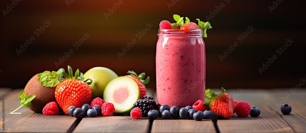 Aufkleber a copy space image of a raw vegan smoothie made with fresh fruit and berries placed on a wooden tabl