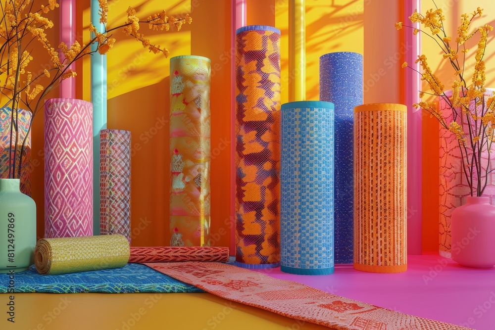 Poster a colorful display of various colored rolls of fabric
