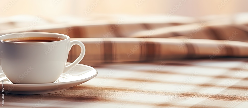 Poster Copy space image of a white coffee cup resting on a plaid tablecloth with subtle cream brown and beige tones creating a shallow depth of field effect