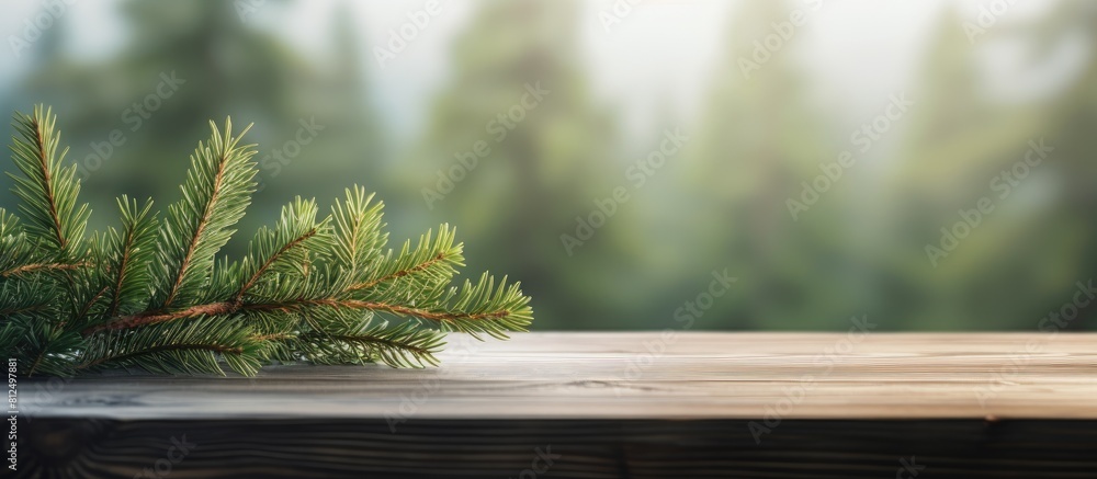 Aufkleber Copy space image of a fir tree branch resting on a wooden table