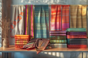 A table with many colorful towels hanging on it