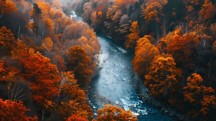 A picturesque autumn landscape with fiery foliage ablaze, framing a peaceful river winding its way...