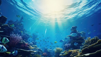 Groups of giant Tuna fish in the underwater, coral reef, amazing underwater life, various fish and exotic coral reefs, ocean wild creatures background