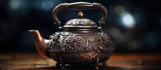 A macro close up image of a traditional iron Asian teapot with rich details and a captivating design perfect for copy space