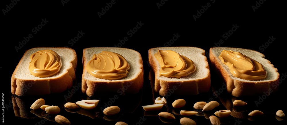 Poster Copy space image of peanut butter sandwiches or toasts on a light table background representing a breakfast dish in American cuisine suitable for vegetarians