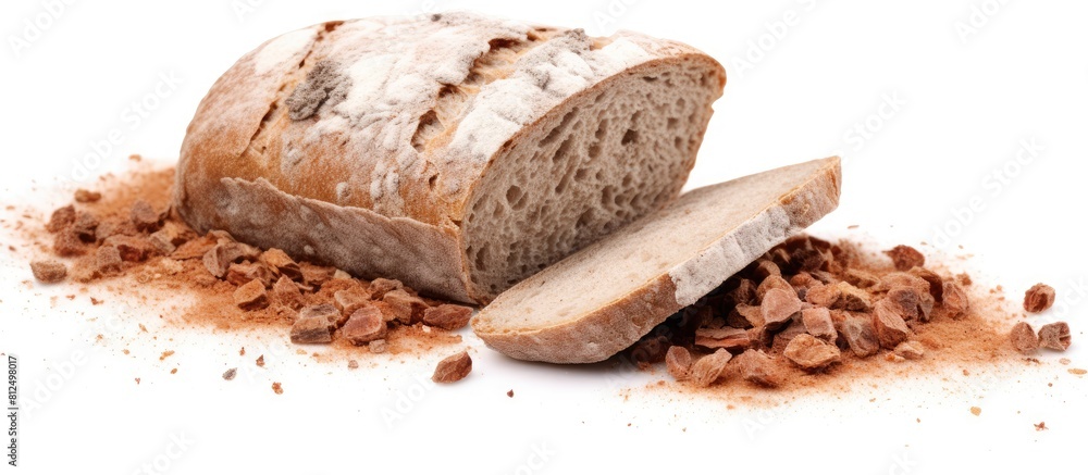 Poster A copy space image of a rye flour bread brick with spices placed on a white background