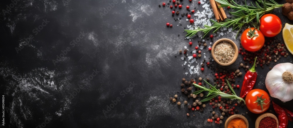 Poster a copy space image of salt spices herbs and tomatoes arranged on a dark concrete background perfect 