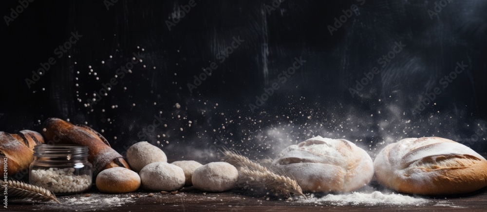 Poster Copy space image of a black baking background with flour scattered on a board creating a depiction of the bakery and home bread making concept