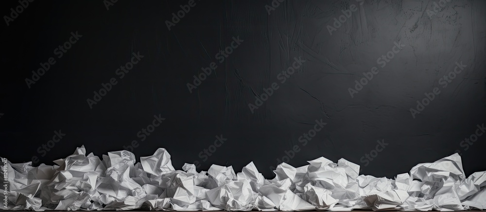 Poster Copy space image of crumpled paper sheets against a dark backdrop providing room for text