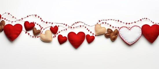 A copy space image with a white background showcases a border crafted from wooden hearts and handmade red decorative textile hearts