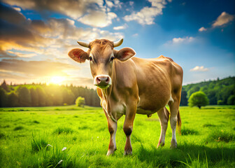Cow standing on a green meadow on farm background