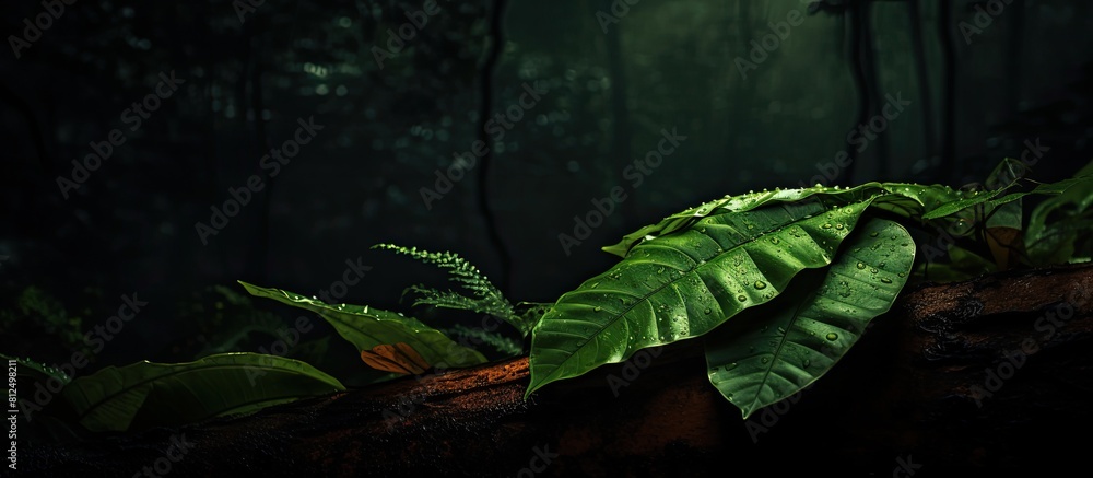 Poster a copy space image showcasing the leaf texture in the forest against a dark and natural background
