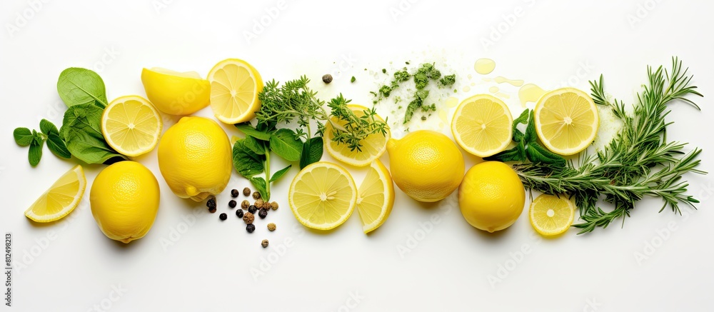 Poster A copy space image showcasing the combination of lemon and thyme ingredients against a white background