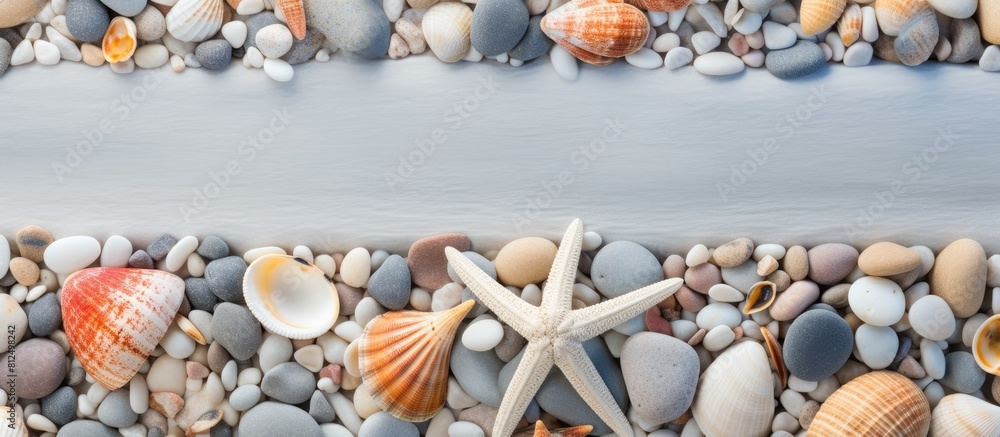 Poster a copy space image showcasing an assortment of pebbles various shells and starfish in the background