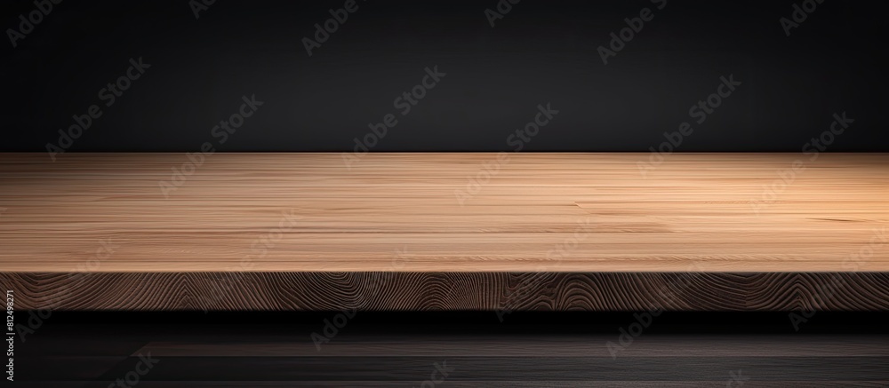 Poster A copy space image showcasing the perspective view of a wooden table top corner on a black background complete with a clipping path and a template for mock up purposes