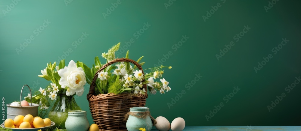 Poster a copy space image showcasing a festive easter scene with a variety of items including eggs a basket