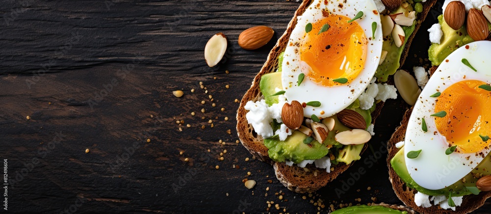 Poster a healthy copy space image showcasing avocado toasts made with rye bread sliced avocado eggs cottage