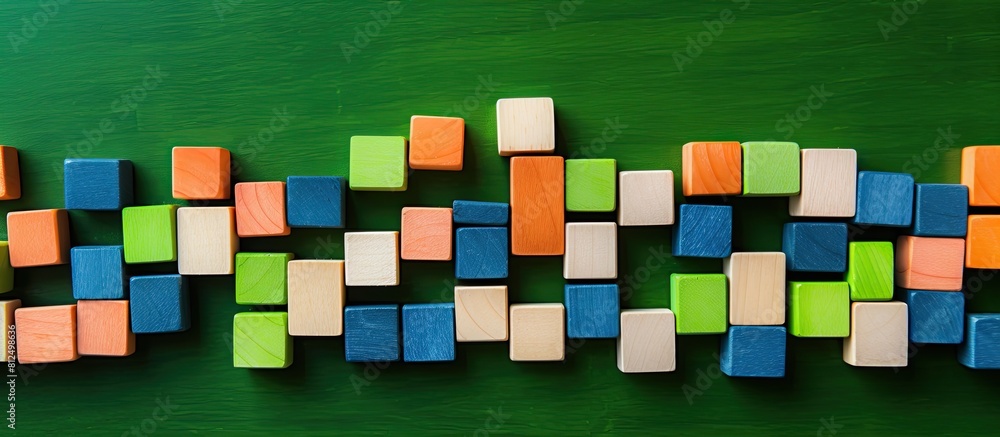 Poster top view of a copy space image showing colorful wooden blocks for children placed on a green carpet