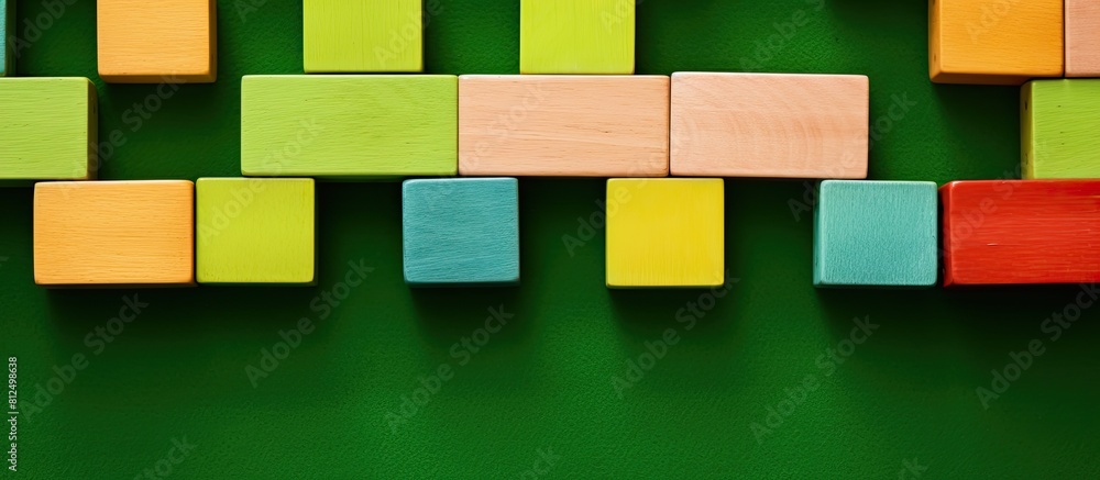 Poster top view of a copy space image showing colorful wooden blocks for children placed on a green carpet
