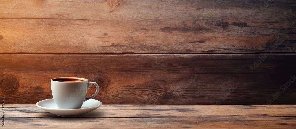 Poster a copy space image showing a cup of coffee placed on a rustic wooden table