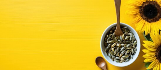 A copy space image showing sunflower seeds alongside a bowl spoon and bottles of oil placed on a yellow tablecloth - Powered by Adobe