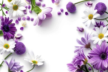 Purple Spring Flowers Arranged Neatly on a Plain White Background - Floral Design, Springtime Decor, Artistic Presentations