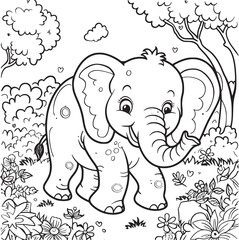Kids coloring book with cute elephant, trees and flowers. Simple shapes, contour for small children. Cartoon vector.