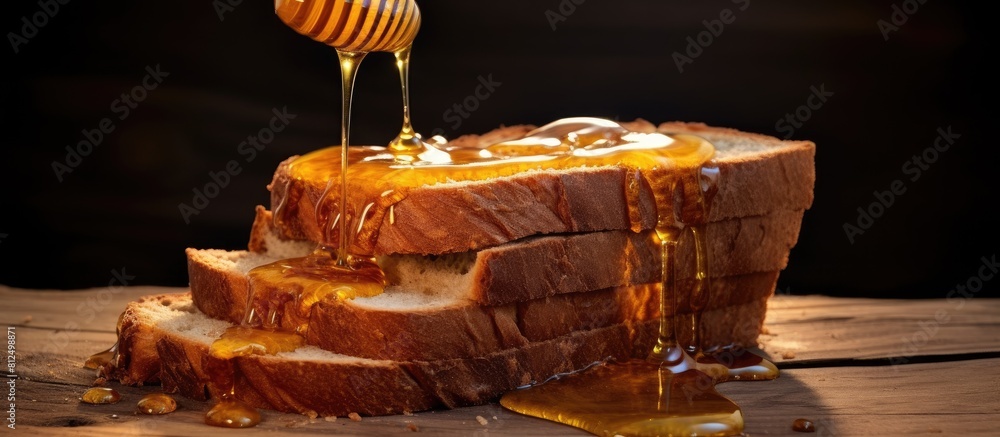 Poster A copy space image of honey slowly cascading over a slice of fresh bread against a rustic wooden backdrop