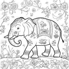 Kids coloring book with cute elephant, trees and flowers. Simple shapes, contour for small children. Cartoon vector.