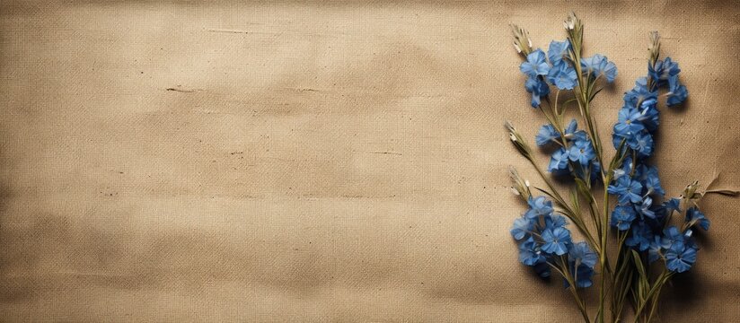 The copy space image shows a fragment of a book featuring delicate blue flowers on a burlap background evoking feelings of fading love sadness and nostalgic memories of the past