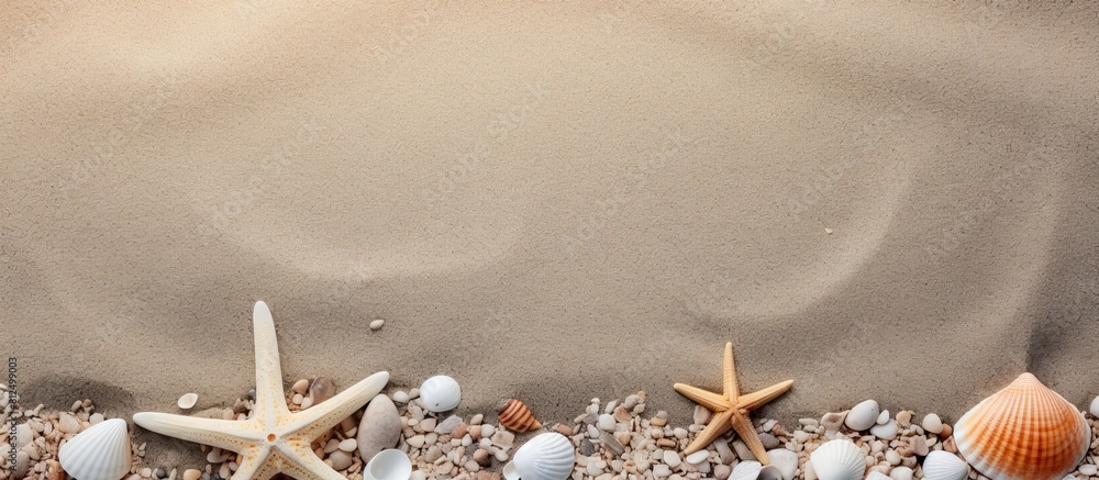 Poster copy space image with seashells stones and sea stars scattered on the sandy beach creating a summer 