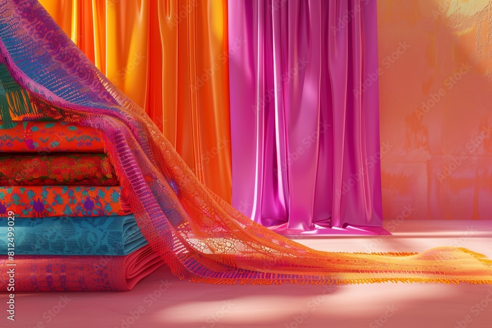 Poster a colorful array of fabrics hangs on a line