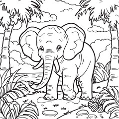 Kids coloring book with cute elephant, trees and flowers. Simple shapes, contour for small children. Cartoon vector.