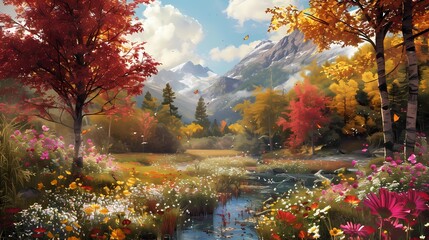 A picturesque countryside landscape dotted with colorful wildflowers, framed by majestic trees displaying vibrant autumn hues, as a gentle river winds through the scene